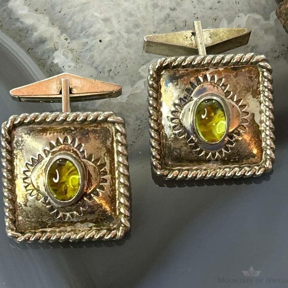 Anthony Kee Native American Sterling Silver Square Cufflinks w/Peridot For Men